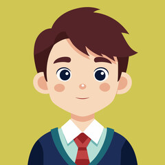 Cartoon vector young boy with neat school attire featuring a formal shirt, tie, and sweater, presented on a solid light background, ideal for educational, children-related, and character design 
