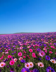 A vibrant field of purple and pink wildflowers stretches to a clear blue sky, creating a colorful floral carpet, background, botanical
