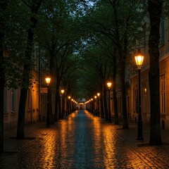 Romantic Night Stroll Cobblestone Street Trees Lights