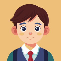 Cartoon vector of a student with brown hair wearing a green uniform and red tie, smiling cheerfully, against a light background. Ideal for education, child, or school-related creative projects