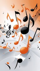 Abstract musical illustration featuring a large black treble clef and floating music notes on a dynamic orange and white swirl background, ideal for artistic, creative, or educational design

