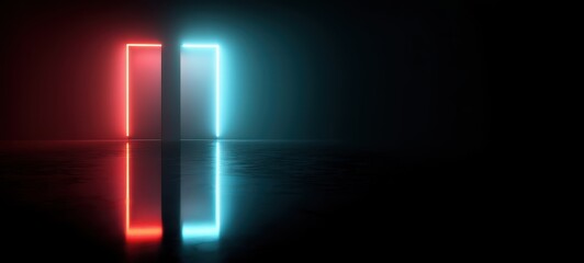 A vibrant neon doorway with red and blue light.