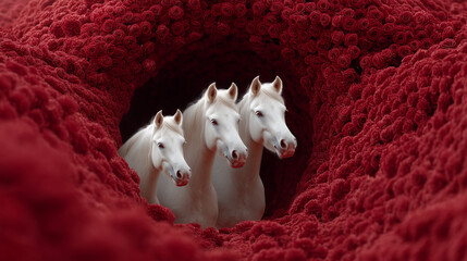 Mystical Gateway: Three radiant white horses emerge from a captivating red tunnel, inviting viewers into a surreal realm where fantasy and reality blend seamlessly.