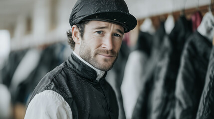 Obraz premium Poised Jockey in Stable: A focused jockey stands in a stable, showcasing strength and poise in preparation for the upcoming race. The scene captures determination and the spirit of competition.