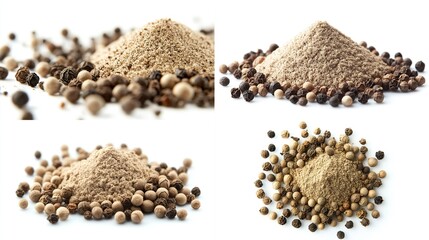 Four images of ground pepper and peppercorns