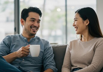 A smiling asian couple is having a conversation while relaxing on the couch together