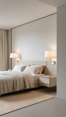 A luxury bedroom interior featuring a king-sized bed with soft linen bedding and floating nightstands, in soft beige and ivory tones. Includes table lamps and a low rug, 