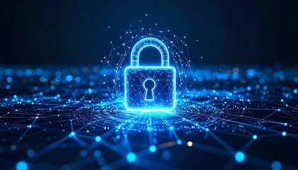 A glowing digital padlock surrounded by interconnected lines symbolizes cybersecurity and data protection in a vibrant, tech-themed backdrop