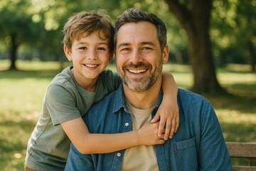 Fototapeta premium Father and son smiling outdoors.