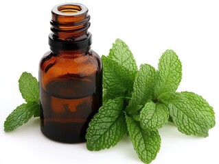 Mint Essence Amber bottle with fresh mint leaves on white background.