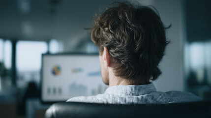 Data Analyst Concentrated: A focused individual delves deep into intricate data visualizations, exploring charts and figures on the computer, and illuminating the precision, analysis.