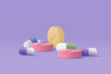 3d pharmacy drug for health pharmaceutical on purple background. Cartoon minimal of first aid and health care. Medical symbol of emergency help. 3d aid medicine icon vector render illustration