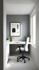 A modern home office featuring a floating desk and ergonomic chair, using a cool gray and white palette. Includes framed abstract wall art and desk plants, under diffused daylight from a side wind (6)
