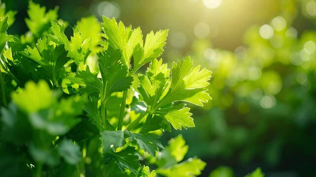 Fresh green parsley leaves glisten in sunlight.