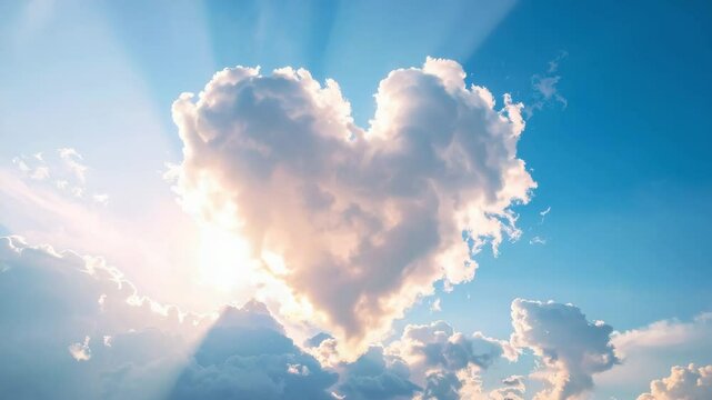 Beautiful heart shaped cloud in bright blue sky, surrounded by fluffy white clouds and sunlight.