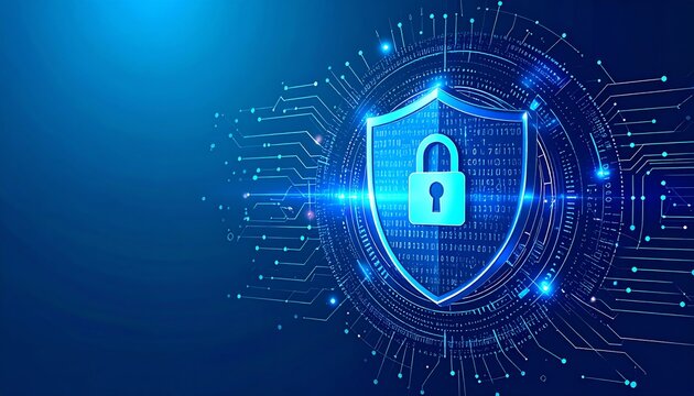 Digital shield design symbolizing cybersecurity with a padlock, surrounded by binary code and circuit patterns on a blue background