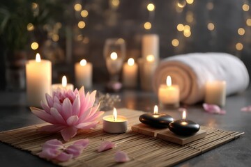 Tranquil Spa Setting with Candles, Stones, and Lotus Flower