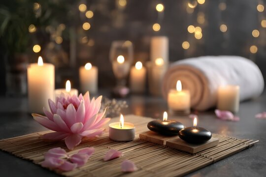 Tranquil Spa Setting with Candles, Stones, and Lotus Flower