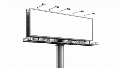 Obraz premium Blank billboard on a pole with lights, isolated on a white background, closeup view. Concept of empty space for advertising. 