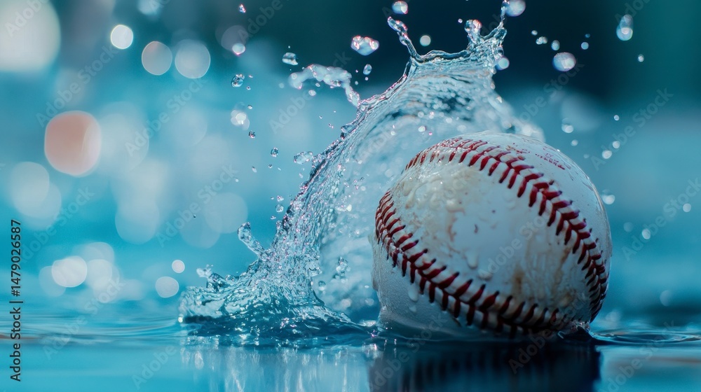 Poster baseball splashing into clear blue water, creating a dynamic water splash.