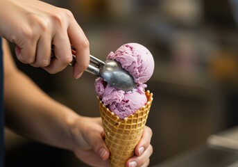 A person is scooping purple icecream into a waffle cone for a refreshing dessert