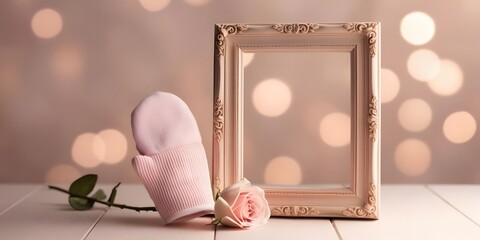 A photo frame without photo, standing beside a soft baby mitt and a flower bud, ready to be filled with newborn memories. Backlit for a dreamy and sentimental effect