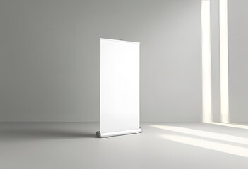 Blank white vertical banner stand on isolated background, ideal for advertising, exhibitions, trade shows, or marketing presentations.