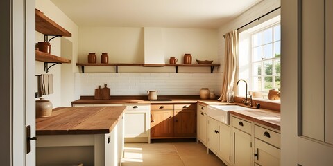 Fototapeta premium A rustic cottage-style kitchen with reclaimed wood counters and open shelves, in warm earthy tones. Decorated with ceramic jars and linen curtains, lit by bright morning sunlight. Shot from an eye (3)