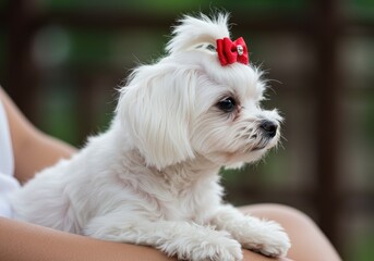 A fluffy white Maltese puppy sits on a person's lap wearing a red bow in its hair