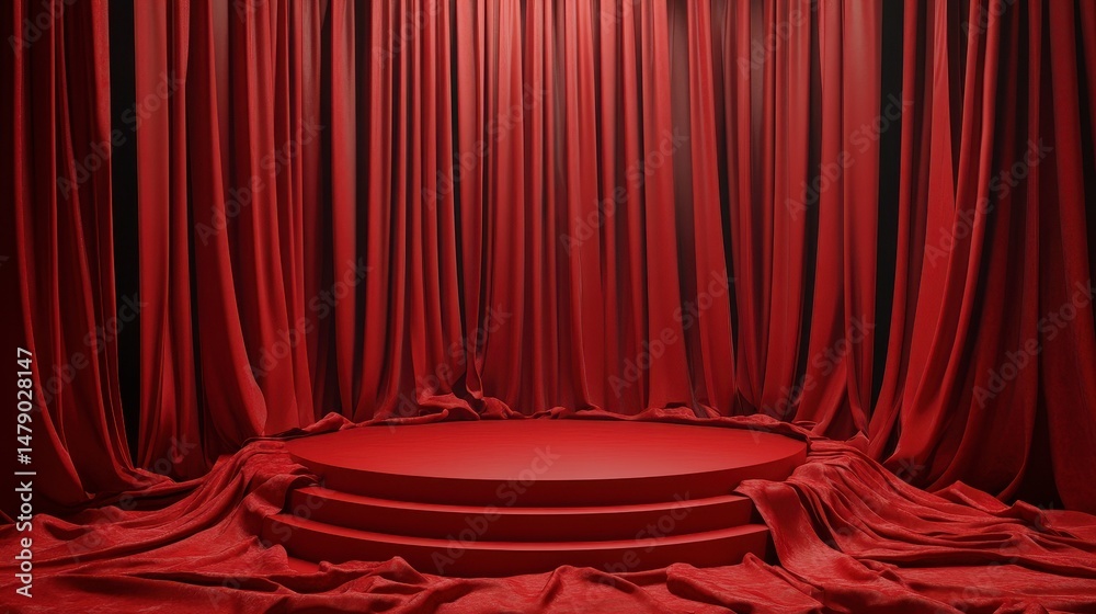 Poster Red stage with draped curtains, circular platform for product display or presentation.