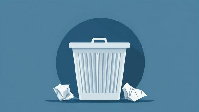 Trash Can Animation with Crumpled Paper, Flat Style