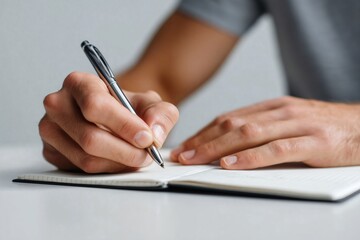 Writing in a notebook: A person's hands are seen holding a pen and writing in a notebook. Close up of the journaling.