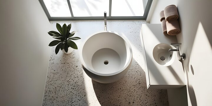 A soft minimalist bathroom featuring a stone freestanding bathtub and floating vanity, with neutral and white tones. Accented with rolled towels and a green potted plant, under soft skylight illum (3)