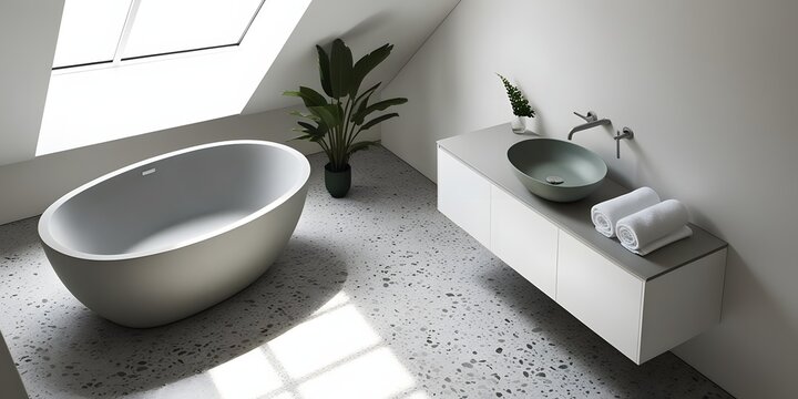 A soft minimalist bathroom featuring a stone freestanding bathtub and floating vanity, with neutral and white tones. Accented with rolled towels and a green potted plant, under soft skylight illum (2)