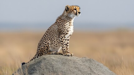 Cheetah perched elegantly on a rock in a vast savannah landscape, showcasing its striking coat and keen focus on the surroundings