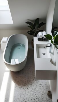 A soft minimalist bathroom featuring a stone freestanding bathtub and floating vanity, with neutral and white tones. Accented with rolled towels and a green potted plant, under soft skylight illuminat