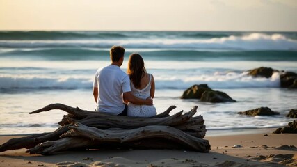 Couple enjoys peaceful coastal trip sitting on driftwood by ocean shore watching waves and rocks in romantic beach scene - Powered by Adobe