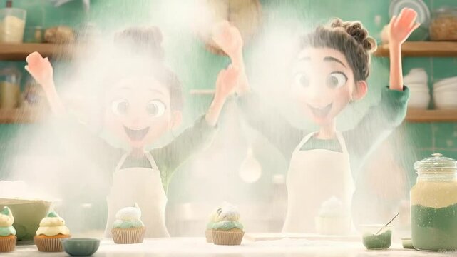 Two women decorating cupcakes in a cozy kitchen with vibrant decor