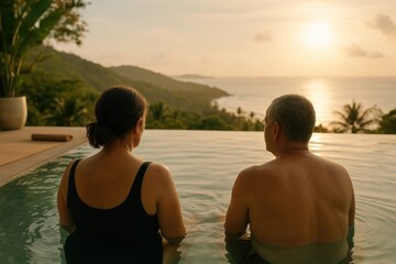 Couple enjoying serene sunset view.