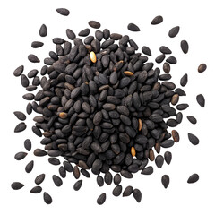 Black sesame seeds top view isolated on white background