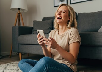 Obraz premium A woman is laughing while sitting on the floor and using her smartphone near the couch