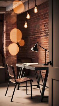 An industrial-style home office with a metal-legged desk and leather chair, set in a loft room with exposed brick walls. Decorated with simple black desk lamp and notebook, lit by hanging bulb
