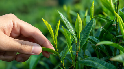Tea Leaf Being Picked by Young Girl in Vibrant Garden – Precision Meets Nature