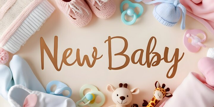 A baby announcement card with new baby hand-lettered, surrounded by soft pastel baby clothes, pacifiers and plush toys (4)
