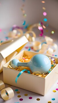 A baby rattle placed inside an open gift box, with decorative paper and confetti gently spread around. Overhead lighting gives a joyful and festive mood (1)