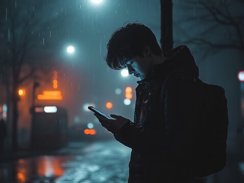 Warten auf die Fahrt: Ein Mann unter der Stra&szlig;enlaterne bei Nacht