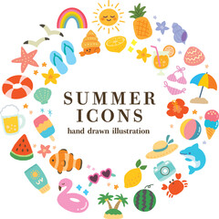 Cute Summer Icon Frame in Circle Shape – Hand Drawn Vector Illustration