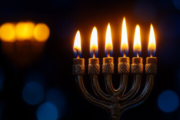 Macro Photography of Hanukkah Menorah Candle Flame with Glass Reflection &ndash; Jewish Holiday Light