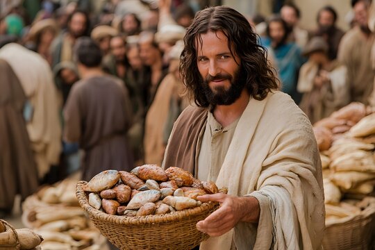 Christianity. Jesus feeds 5,000 with five loaves and two fish. (Mark 6:30-44)