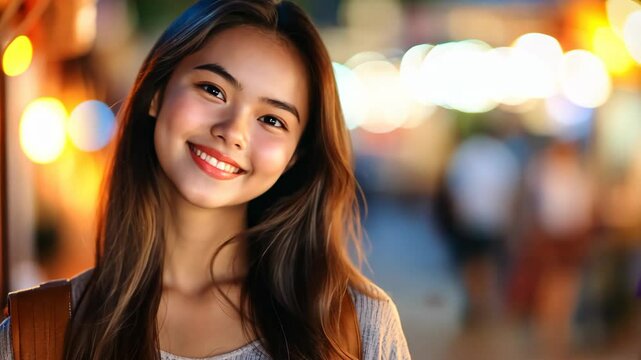 close up face young Asian woman in leisure smiling at street, calm optimistic portrait atmosphere
